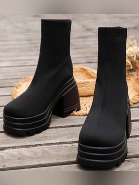 Thick  Platform Black Knit Sock Boot